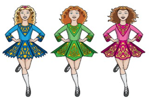Three girls Irish dancing in different colored dresses.